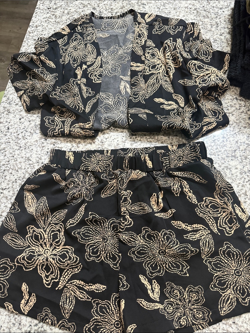 Girls' Black Floral Print Elastic Waist Shorts with Matching top - Black & Gold